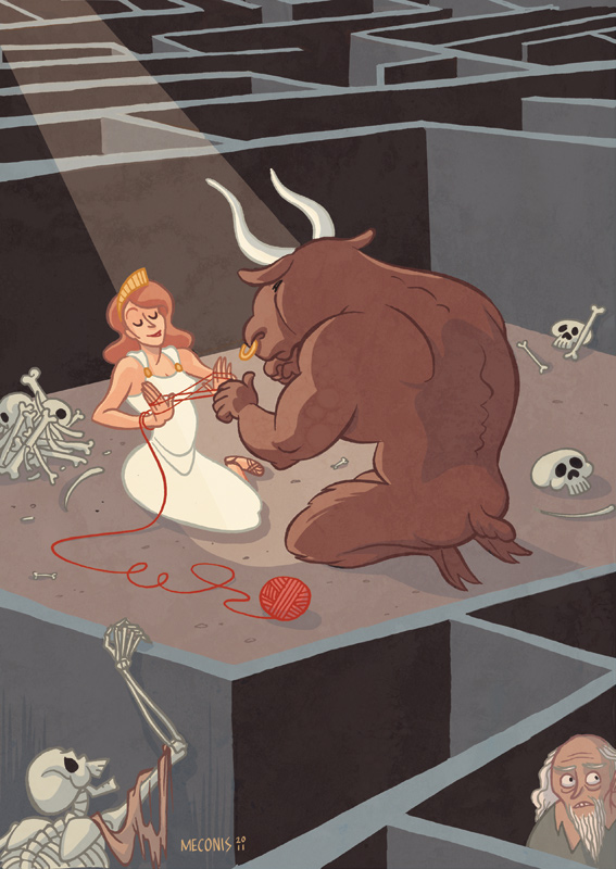 Ariadne and the Minotaur in the labyrinth