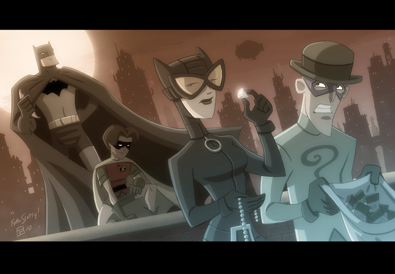 Bat Man, Cat Woman, Robin and Riddler