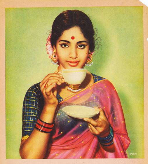 Indian calendar art - Woman in saree sips tea