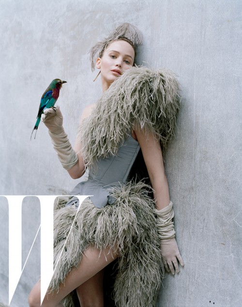 Jennifer Lawrence in feathered fashions by Tim Walker
