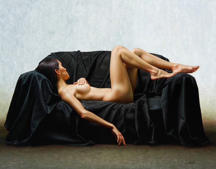 Realistic painting of a nude laying on a couch by Omar Ortiz