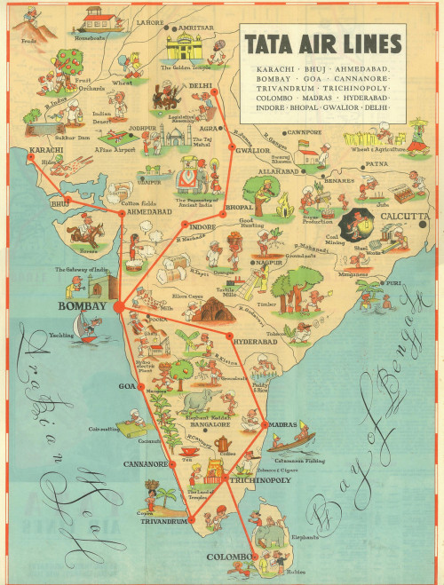 Tata Airlines - Vintage route map - circa 1938-46